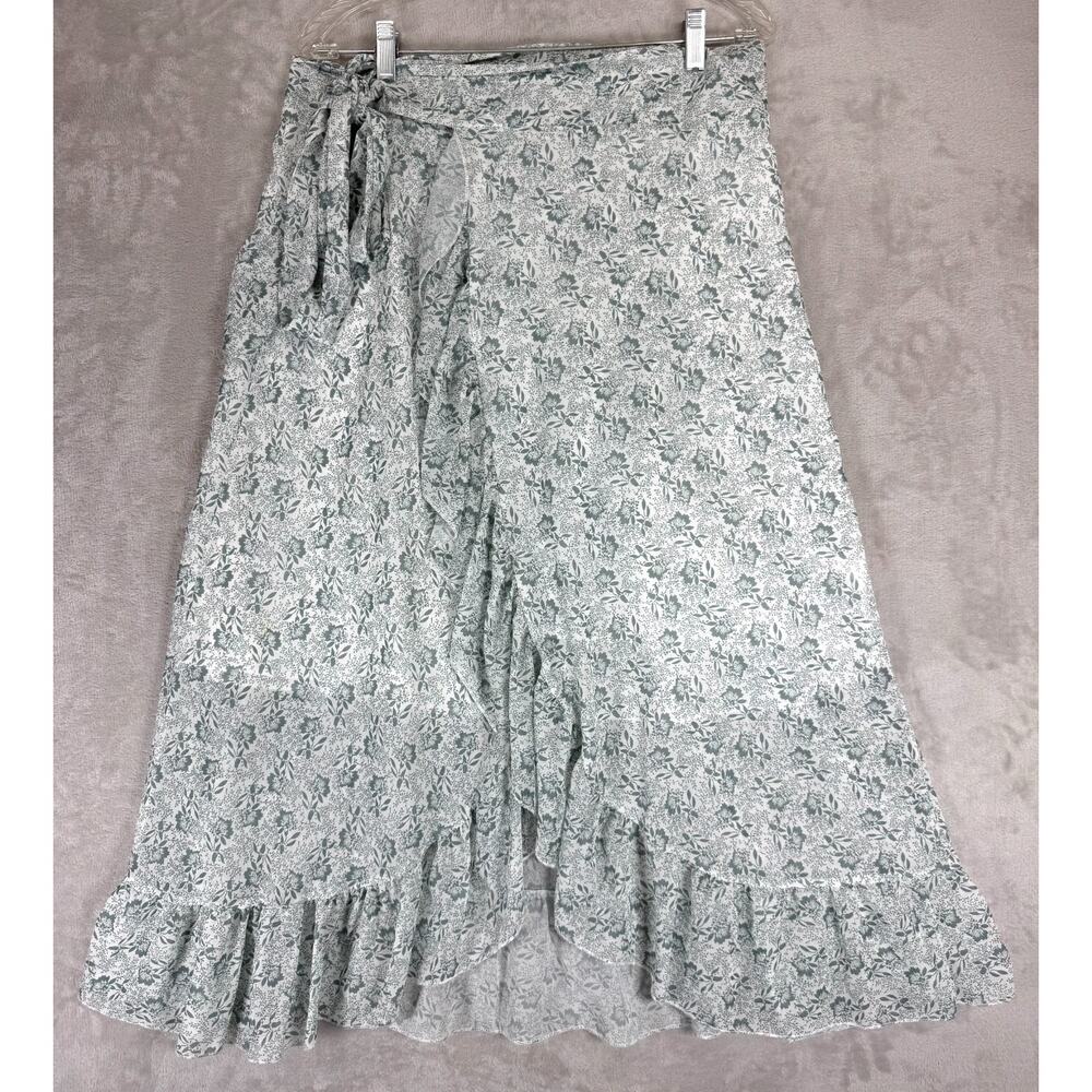 Floral Wrap Midi Skirt Sage Green Ruffle Hem Cottagecore Prairie Boho Romantic